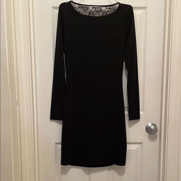 Jennifer Lopez Black Dress w/ Lace Back Long Sleeve Bodycon Women's Medium J-Lo - Picture 1 of 4